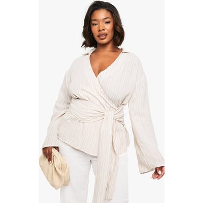boohoo Dames PLUS BLOUSE MET VOORSTRIK EN GESTREEPTE PATROON | Steen | Maat: 44