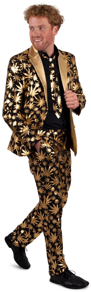 Kostuum Cannabiz - Verkleedpak Heren - Carnaval - Foute Party - Zwart-Goud - Maat S
