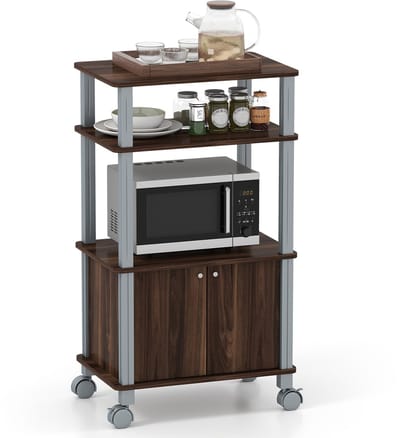 COSTWAY Keukenrek voor magnetron, magnetronrek op wielen, staand rek keuken, keukentrolley, bijzetwagen, huishoudrek (donkerbruin)