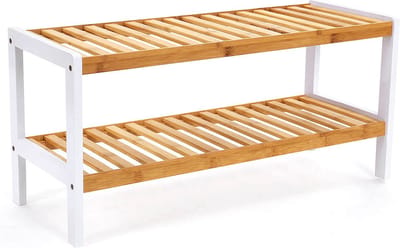 Hoppa! - Bamboe Schoenenrek - 2 niveau’s - Wit-natuurlijke kleuren 70 x 33 x 25 cm (B x D x H)