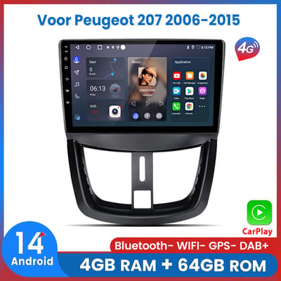 Awesafe 8-Core 4+64GB Autoradio - Geschikt Voor Peugeot 207 2006-2015 - Draadloze Carplay Android Auto - Touchscreen - GPS Navigatie 4G WiFi - Bluetooth Radio - 2006 2007 2008 2009 2010 2011 2012 2013 2014 2015