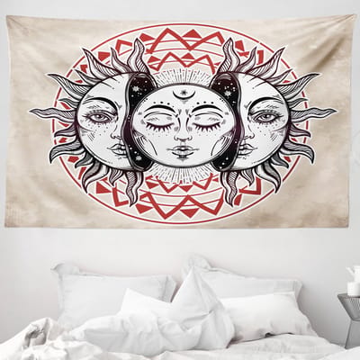 ABAKUHAUS Maan Wandkleed en Bedsprei, Orient Cultuur Element van Zachte Microvezelstof Wasbaar Kleurvast met Digitale Print, 230 x 140 cm, Lichtbruin Zwart Ruby