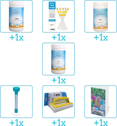 Zwembad Onderhoudspakket - Onderhoud Zwembad - bevat Chloor - Testrips - PH-min - PH-plus - Thermometer - Scrubborstel en Zwembadgids (7-delig)