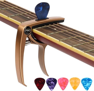 Guitar Capo van Zinklegering met Snelle Wisselmechanisme en 6 Plectra voor Akoestische en Elektrische Gitaren, Ukulele en Mandoline