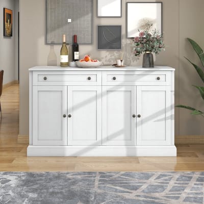 Sweiko Groot dressoir met 4-deurs en 2-lades, moderne buffetkast voor eetkamer en woonkamer, 150 x 86 x 40 cm (L/B/H), Antiek wit