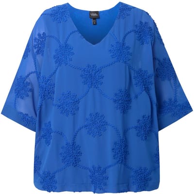 Ulla Popken - Dames - Blouse dubbellaagsbloemen V-hals 3/4-mouwen - Pauwenblauw - Maat 42+