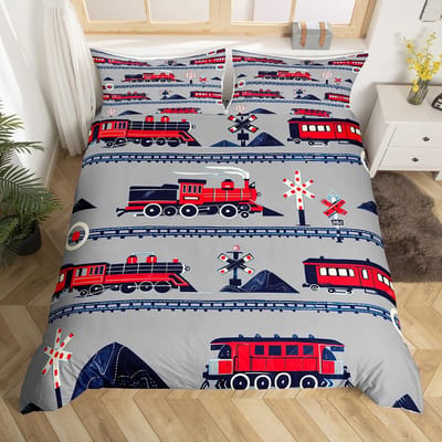 Vintage Stoomtrein Dekbedovertrek Cartoon Klassiek Spoorweg Retro Beddengoed Set Cadeau voor Meisjes Jongens Reis Locomotief Trein Bed Overtrek AU Double(180*210cm)3pcs