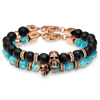 Rico | Roségoudkleurige Schedelarmbanden van Lavasteen en Turquoise Keizerlijke Jaspis