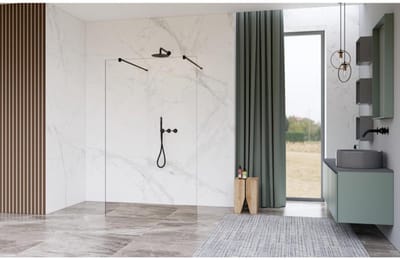 FugaFlow Eccelente Vetro Vrijstaande inloopdouche badkamer - 110x200cm - Helder - antikalk - 8mm veiligheidsglas - met wandarmen - Zwart mat -