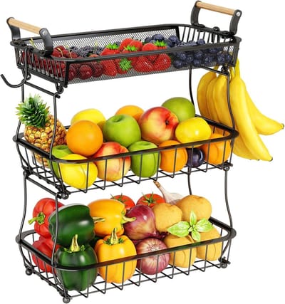 Famanu - 3-laagse fruitmand met dubbele bananenhaak, grote metalen fruitschaal voor keuken of snacks