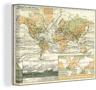 Canvas Wereldkaart - 80x60 - Wanddecoratie Vintage wereldkaart met landschapskenmerken