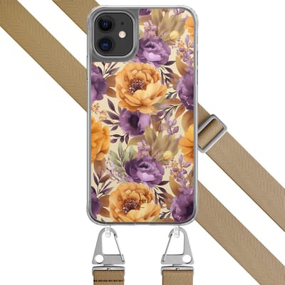 Hoesje met beige koord - Geschikt voor iPhone 11 - Floral mix - Verstelbaar & verwisselbaar koord - TPU backcover - Oranje, Paars - Leuke Telefoonhoesjes