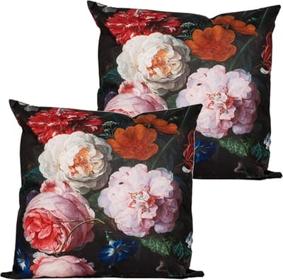 Anna's collection buitenkussen bloem - 2x - roze/zwart - 60 x 60 cm - Water en UV bestendig