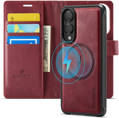 Casemania Hoesje Geschikt voor Samsung Galaxy S25 Edge - Burgundy Red - Geschikt voor MagSafe - Luxe Kunstleer 2 in 1 Afneembare Bookcase - Anti-Vingerafdruk - Portemonnee Telefoonhoesje met Pasjeshouder