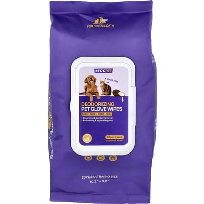HICC Pet, Gants Désodorisants pour Animaux de Compagnie, pour Chiens et Chats, Noix de Coco, 20 Pièces purple