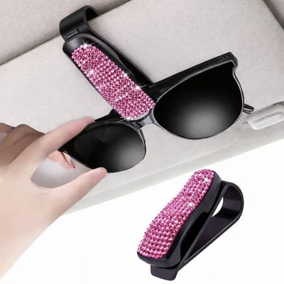 Clip-on Zonnebrilhouder Auto – Zonneklep Brilhouder met Roze Kristallen – Luxe Brilhouder voor Auto – Opbergclip voor Zonnebril, Leesbril & Kaarten – Auto Interieur Accessoire