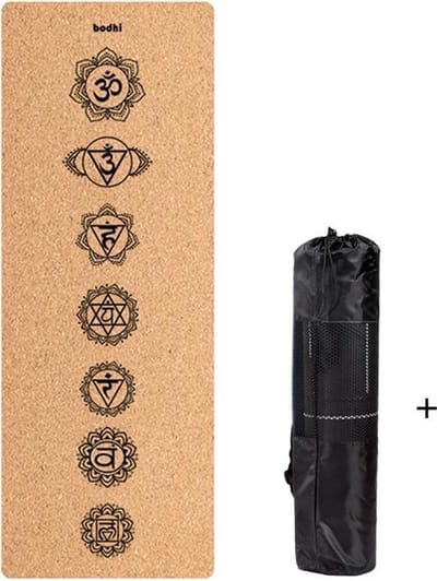 Yogamat met chakras opdruk - kurk en zwart rubber - Extra dik en breed