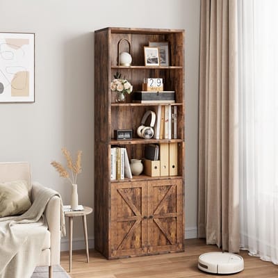 Hoge Boekenkast met Deurtjes - 6 Niveaus - Industrieel Boekenrek met Landelijke Kastdeuren - Rustiek Bruin - Opbergkast voor Woonkamer, Keuken en Kantoor - 181 x 60 x 30 cm