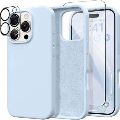 Stravo Siliconen Hoesje geschikt voor iPhone 16 Pro Max , Lichtblauw, Met 1X Screenprotector + 1X Cameralensbeschermer, [Zachte Krasbestendige Microvezelvoering], Vloeibare Siliconen Schokbestendige Beschermende Telefoonhoes 6.7"