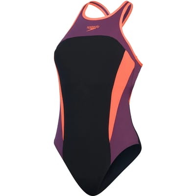 Speedo Badpak Hoge Nek Splice Cross Back Zwart/Rood/Blauw