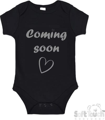 100% katoenen Romper met Tekst "Coming soon" - Zwart/grijs - Zwangerschap aankondiging - Zwanger - Pregnancy announcement - Baby aankondiging - In verwachting 56/62