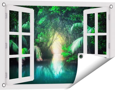 Gards Tuinposter Doorkijk Tropische Jungle met een Turquoise Meer - 60x40 cm - Tuindoek - Tuindecoratie - Wanddecoratie buiten - Tuinschilderij