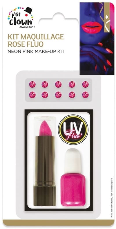 Make‑up Kit – Neon Pink – UV‑Reactief - festival - Neon Party - Fluo - Strass Steentjes - Lipstick - Nagellak
