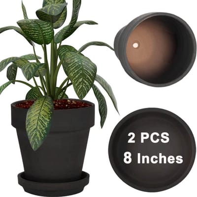 Famanu – Set van 2 zwarte kleipotten van 20 cm met schotel, voor binnen en buitenplanten