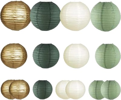 Thijox - 15 Stuks Papieren Lantaarns Set - Ronde Papieren Lampions in Saliegroen en Goud - Decoratie voor Bruiloft, Doop, Verjaardag, Communie en Tuin