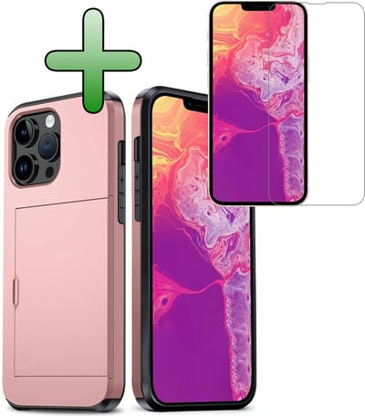 Hoes Geschikt voor iPhone 14 Pro Max Hoesje Hard Case Met Pas Houder Met Screenprotector - Hoesje Geschikt voor iPhone 14 Pro Max Hoes Shockproof Hard Cover Met Kaarthouder - Rosé goud