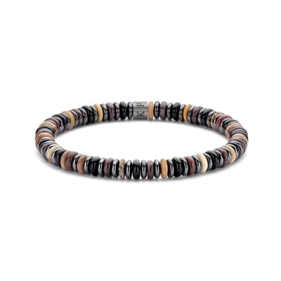 Frank 1967 7FB-0680 Heren Armband met Natuurstenen Kralen - Zwart Agaat - Hematiet - Rood Jaspis - 6x2mm - 20cm - Bruin - Staal