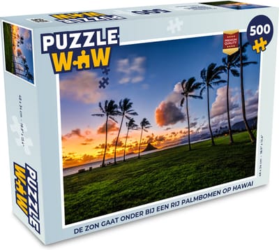 Puzzel De zon gaat onder bij een rij palmbomen op Hawaii - Legpuzzel - Puzzel 500 stukjes