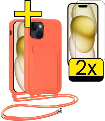 Hoesje Geschikt voor iPhone 15 Plus Telefoonhoesje Met Koord Case Pashouder Met 2x Screenprotector Siliconen - Hoes Geschikt voor iPhone 15 Plus Hoesje Met Kaarthouder - Papaya