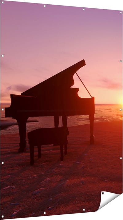 Gards Tuinposter Piano op het Strand bij Zonsondergang - 120x180 cm - Tuindoek - Tuindecoratie - Wanddecoratie buiten - Tuinschilderij