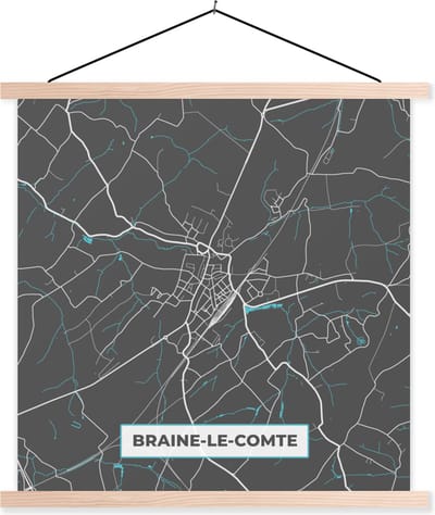 Posterhanger incl. Poster 40x40 cm - Schoolplaat - Plattegrond – Braine le Comte – Blauw – Stadskaart - Kaart - Textielposter - Blanke latten - Stadskaart