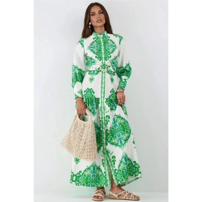 Paisleyprint Maxi-jurk met riem en overhemdkraag