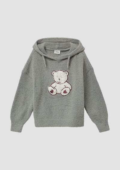 s.Oliver - female - Teddy pluche gebreide trui met capuchon en applicatie aan de voorkant