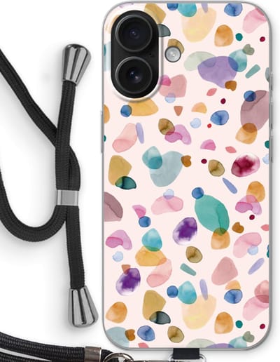 Case Company® - Hoesje met koord geschikt voor iPhone 16 hoesje met Koord - Terrazzo Memphis - Telefoonhoesje met Zwart Koord - Bescherming aan alle Kanten en Over de Schermrand