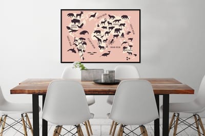 Poster in lijst - Fotolijst 90x60 cm - Posters - Wereldkaart - Roze - Dieren - Posterlijst zwart - Decoratie - Wanddecoratie woonkamer - Muurdecoratie slaapkamer