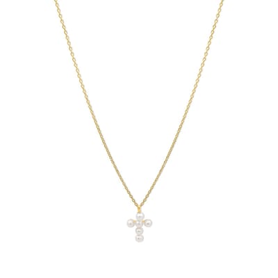 New Bling 9NBSAM-G190199 Gouden Ketting - Dames - Kruis - Parel - 9,5 x 7,3 mm - Ankerschakel - 38 + 2,5 + 2,5 cm - 14 Karaat - Goud