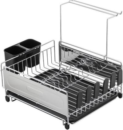 Luxe afdruiprek RVS en zwart van metaal inclusief lekbak 45 x 30,5 cm - uitdruiprek / bordenrek - Afwasrek