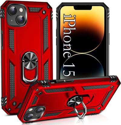 Casemania Hoesje Geschikt voor Apple iPhone 15 Rood - Anti-Shock Hybrid Armor Back Cover - Hoes met Kickstand Ring