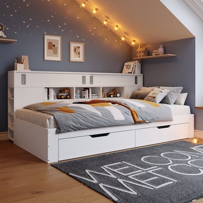 DESMIU Bed 140x190cm - Multifunctioneel Bed Met Opbergruimte En Schuifdeuren - Dubbelladen Voor Extra Opbergruimte - Voor Kinderkamer En Logeerkamer - MDF - Wit - Zonder Matras