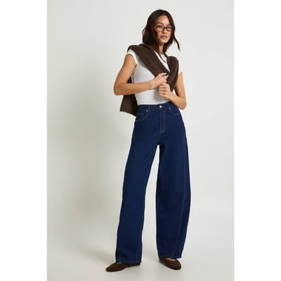 boohoo Dames Lange Jeans Met Middelhoge Taille, Gedraaide Naad En Barrel-pijpen | Indigo | Maat: 6