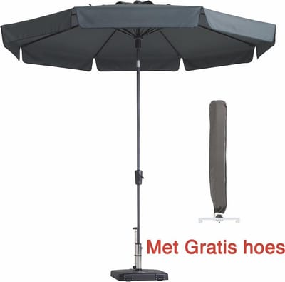 Parasol Rond 300cm Grijs Madison Flores met hoes | Kantelbare en ronde topkwaliteit parasol | 100% polyester doek