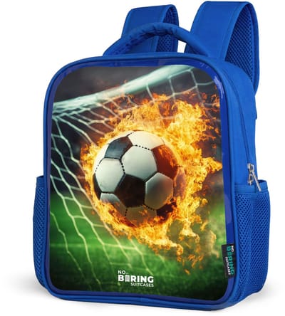 NoBoringSuitcases.com® - Rugzak blauw - Schooltas jongens - Vuurvoetbal in doelnet vastgelegd - Kinder rugtas jongen - Boekentas kind - Kinderrugzak voor school - Schoolrugzak