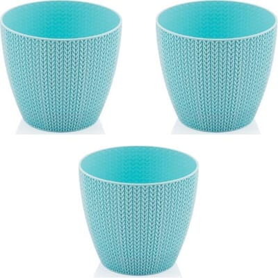 3 bloempotten - blauw - gehaakt - Serinova - kruidenpotten - skye blue - limited edition - opvangschaal