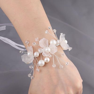 Mode Parel Strass Polsbloem Exquise Polsbloem Meisje Bruidsmeisje Bruids Bruiloft Vetersluiting Polsbloem Gala Armband white