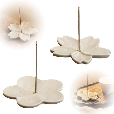 Wierookstokjeshouders set van 2 voor bureau, keramische wierookbrander met asborstel, kersenbloesem en pruimenbloesem ontwerp, ideaal voor ontspanning en aromatherapie