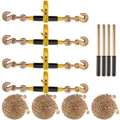 VEVOR ratelkettingspanbanden, 5/16"-3/8" zware ladingsspanbanden met G80-kettingen, veilige belastingslimiet van 3220 kg, arbeidsbesparende antisliphandgreep, voor diepladers, verpakking van 4
